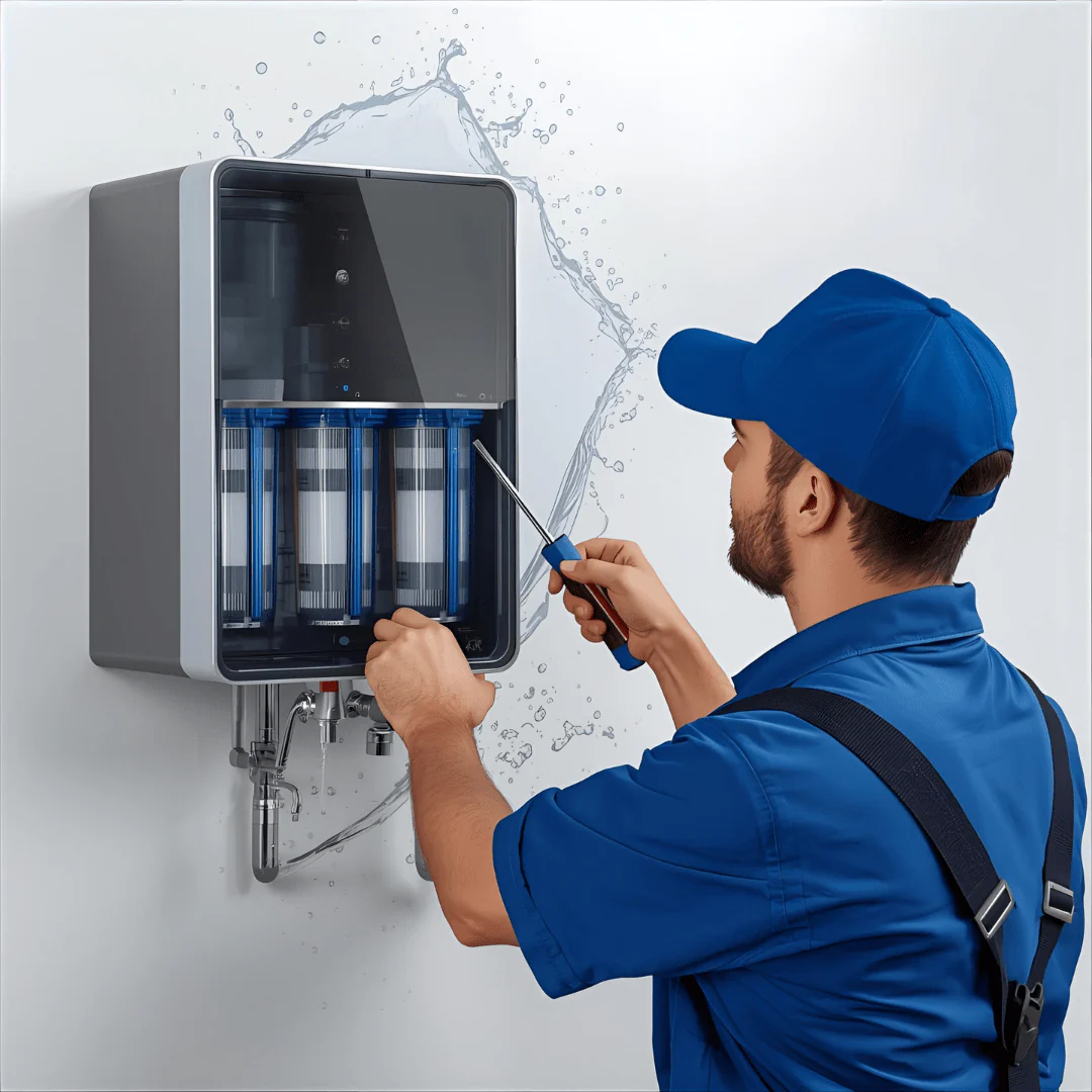 Aqua Care technician servicing an RO water filtration system
