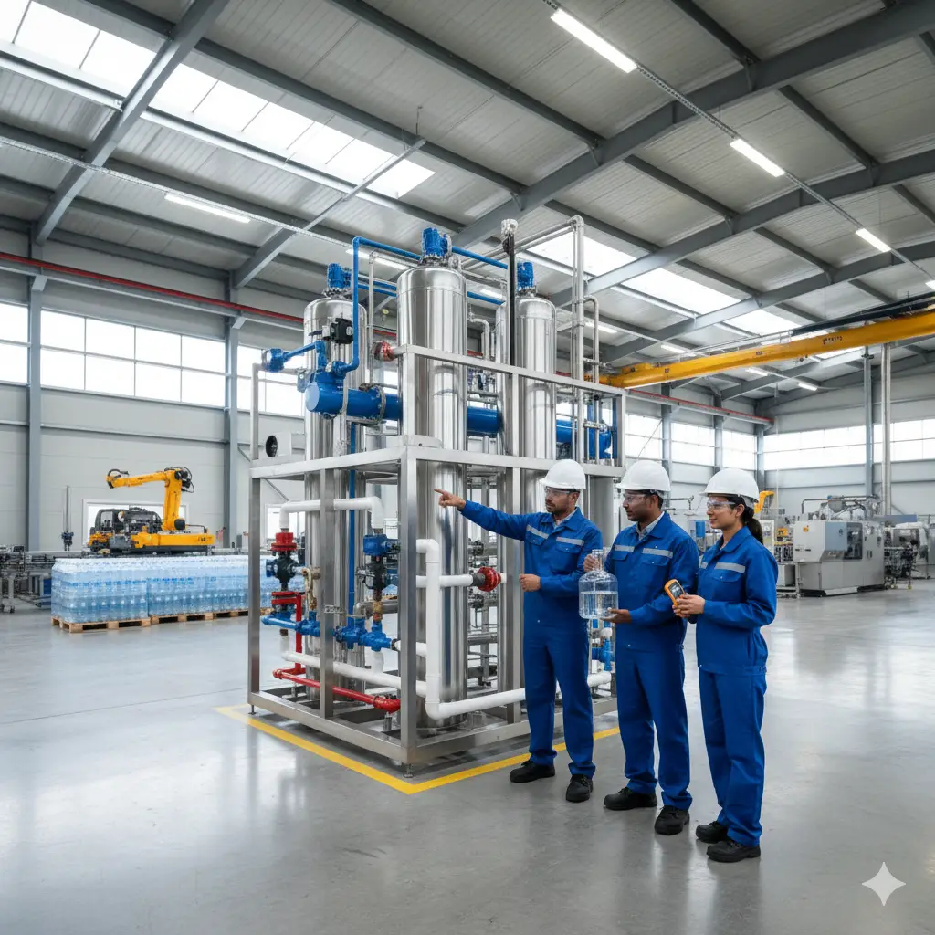 Industrial RO water filtration system in a factory