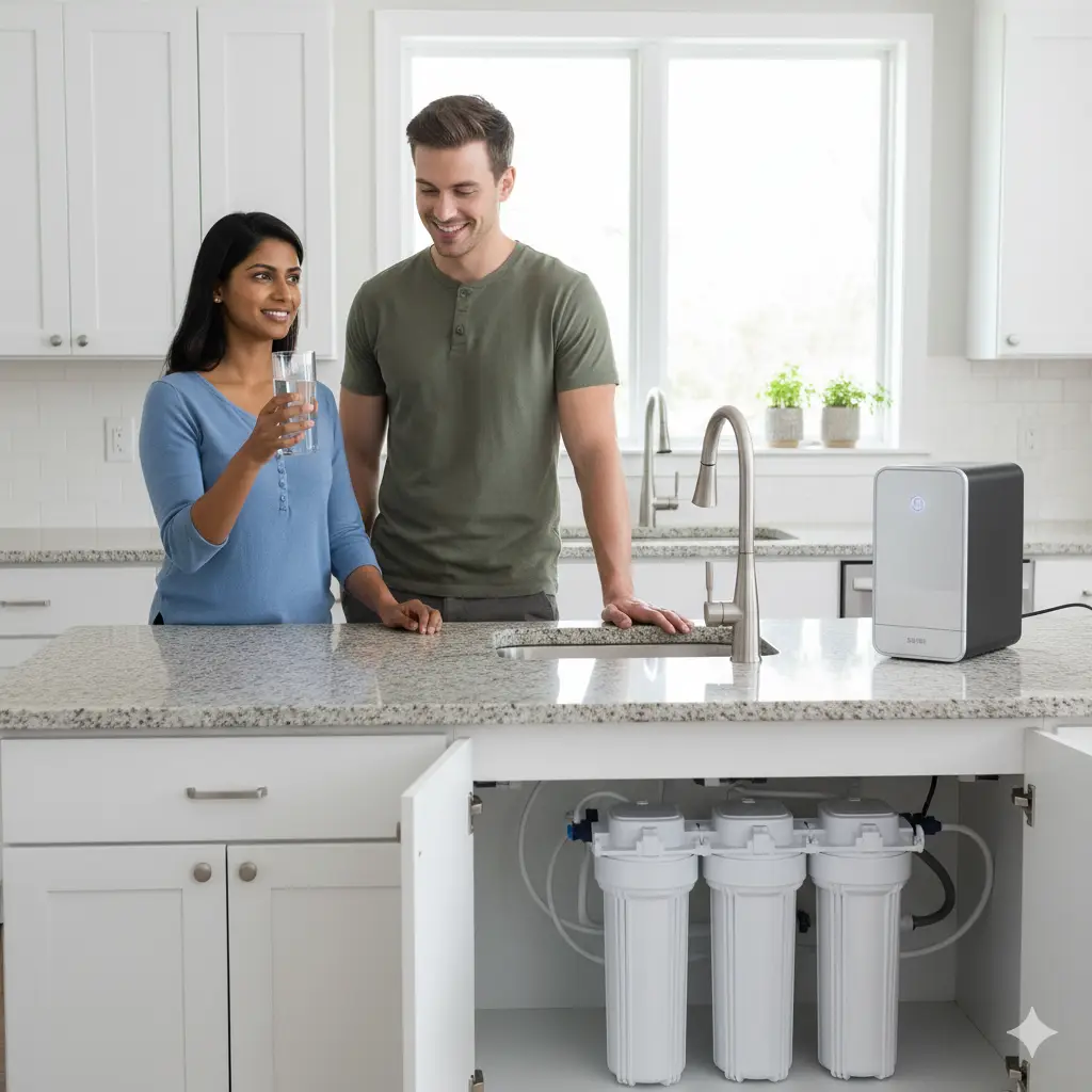 RO water filter system installed under a kitchen sink
