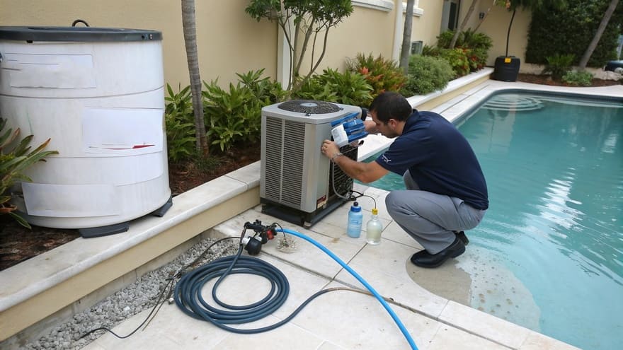 Aqua Care technician maintaining a swimming pool chiller